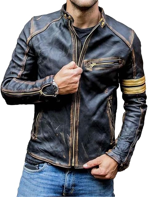 Café-Racer-Jacke Superior Leather Garments in Used-Schwarz