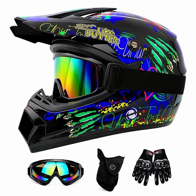 Crosshelm im Graffiti-Finish mit der mitgelieferten Brille, den Handschuhen und der Maske